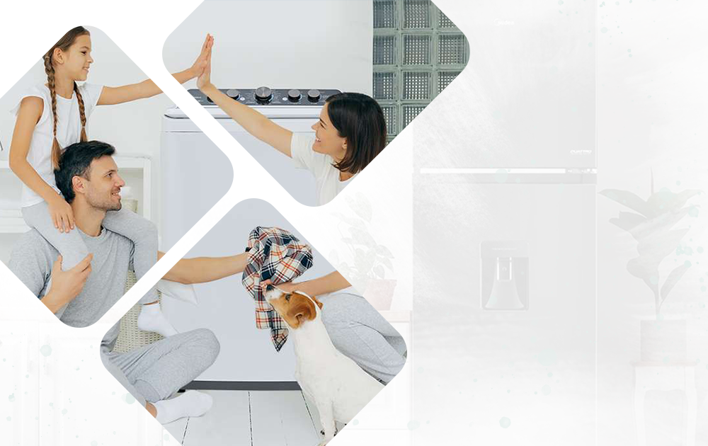 Familia sonriente disfrutando de su hogar con electrodomésticos nuevos